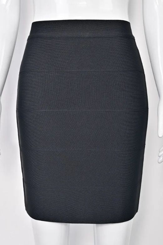 Woman wearing a figure flattering  High Waist Bandage Mini Skirt - Classic Black BODYCON COLLECTION