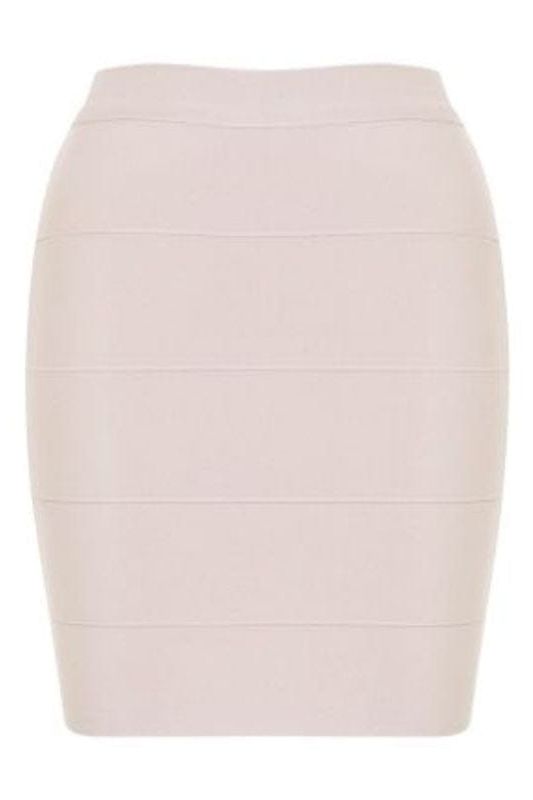 Woman wearing a figure flattering  High Waist Bandage Striped Mini Skirt - Cream BODYCON COLLECTION