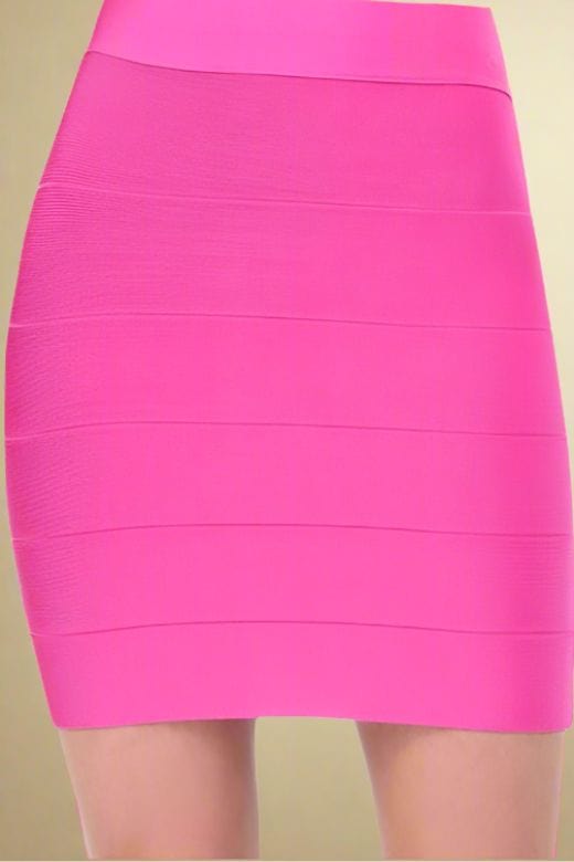 Woman wearing a figure flattering  High Waist Bandage Striped Mini Skirt - Hot Pink BODYCON COLLECTION