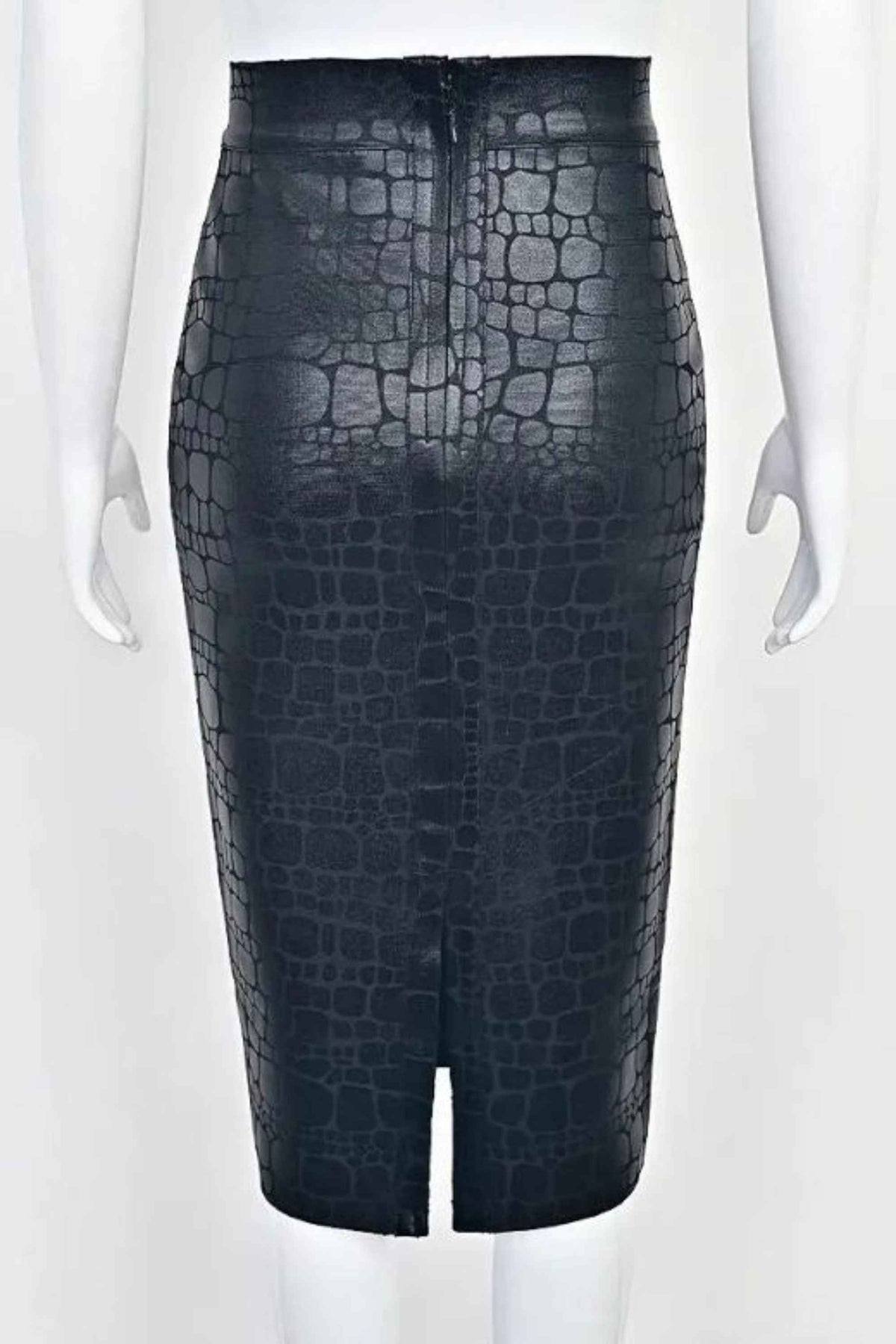 Woman wearing a figure flattering  High Waist Leather Pencil Skirt Midi Length - Crocodile Black BODYCON COLLECTION Pty Ltd