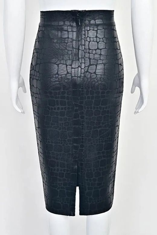 Woman wearing a figure flattering  High Waist Leather Pencil Skirt Midi Length - Crocodile Black BODYCON COLLECTION Pty Ltd