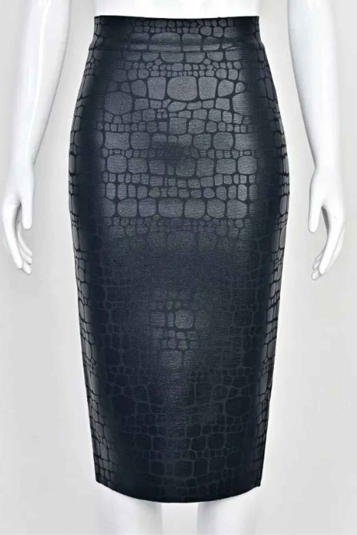 Woman wearing a figure flattering  High Waist Leather Pencil Skirt Midi Length - Crocodile Black BODYCON COLLECTION Pty Ltd