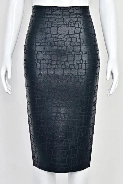 Woman wearing a figure flattering  High Waist Leather Pencil Skirt Midi Length - Crocodile Black BODYCON COLLECTION Pty Ltd