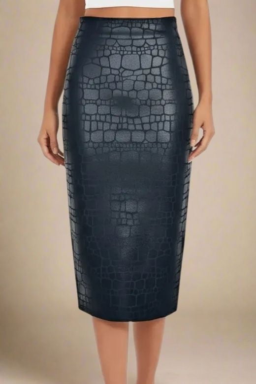 Woman wearing a figure flattering  High Waist Leather Pencil Skirt Midi Length - Crocodile Black BODYCON COLLECTION Pty Ltd