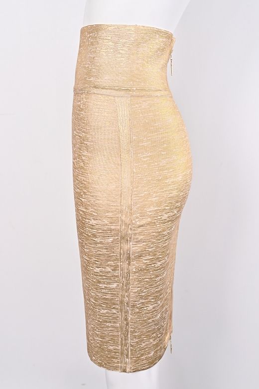Woman wearing a figure flattering  High Waist Leather Pencil Skirt Midi Length - Metallic Gold BODYCON COLLECTION