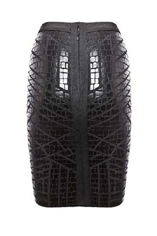 Woman wearing a figure flattering  High Waist Leather Pencil Skirt Mini Length - Crocodile Black BODYCON COLLECTION Pty Ltd