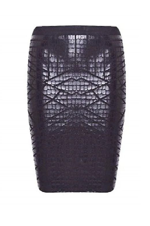 Woman wearing a figure flattering  High Waist Leather Pencil Skirt Mini Length - Crocodile Black BODYCON COLLECTION Pty Ltd