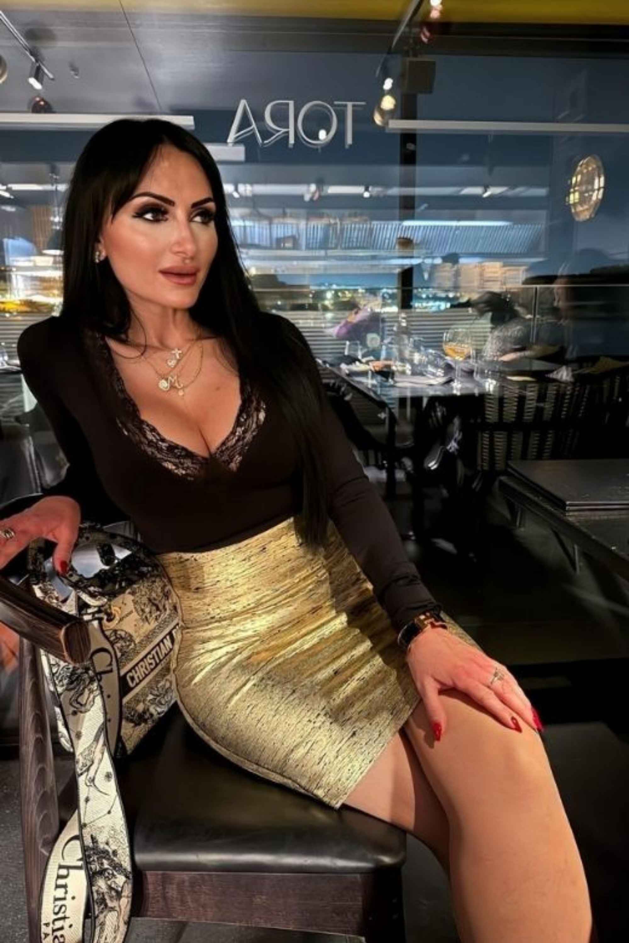 Woman wearing a figure flattering  High Waist Leather Pencil Skirt Mini Length - Gold BODYCON COLLECTION