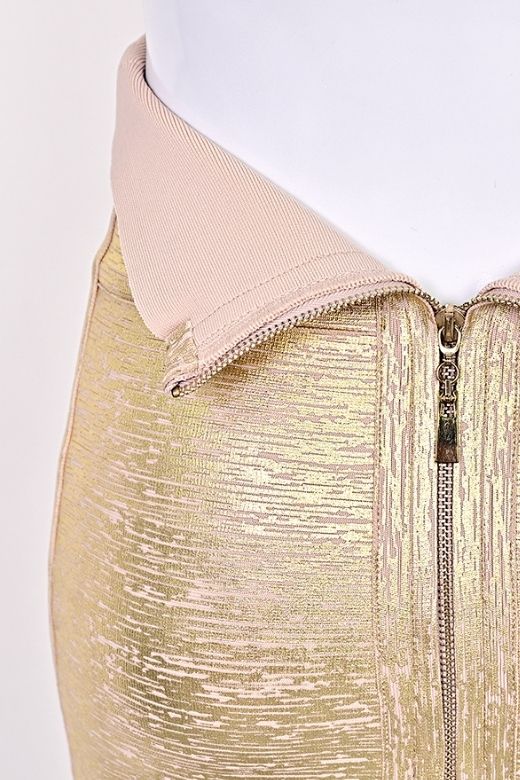 Woman wearing a figure flattering  High Waist Leather Pencil Skirt Mini Length - Metallic Gold BODYCON COLLECTION