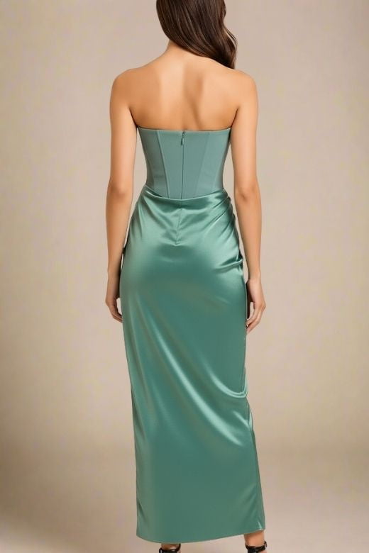 Woman wearing a figure flattering  Hope Bodycon Wrap Maxi Dress - Teal Green BODYCON COLLECTION