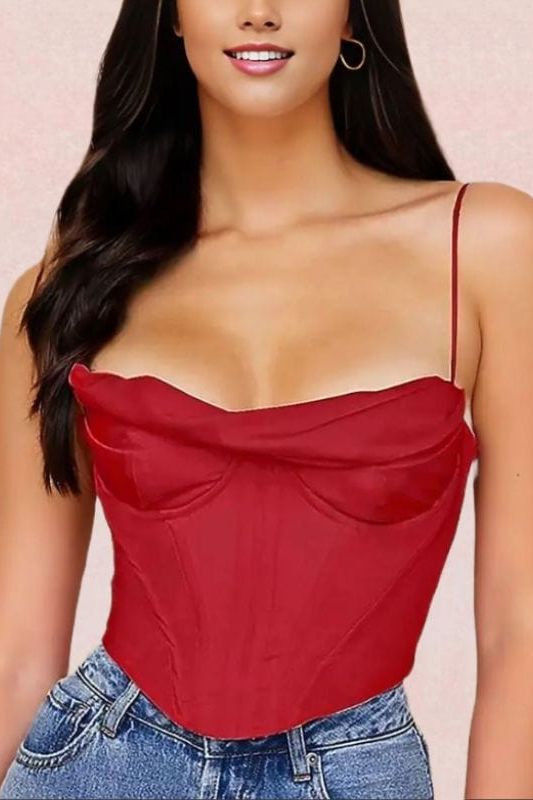 Woman wearing a figure flattering  Indi Corset Crop Top - Lipstick Red BODYCON COLLECTION