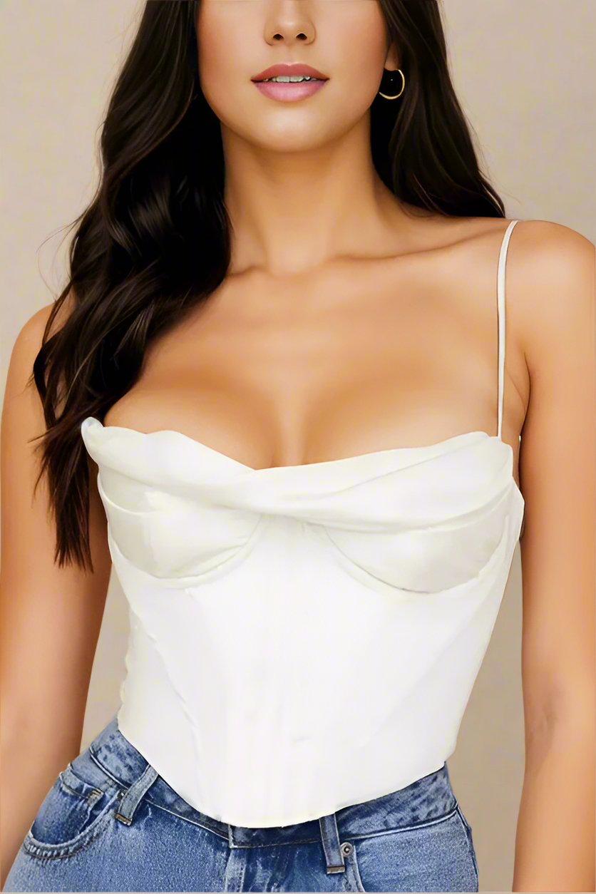 Woman wearing a figure flattering  Indi Satin Crop Top - Pearl White BODYCON COLLECTION