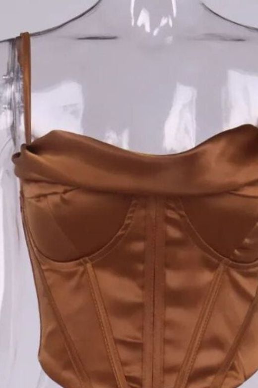 Woman wearing a figure flattering  Indi Satin Crop Top - Tan Brown BODYCON COLLECTION