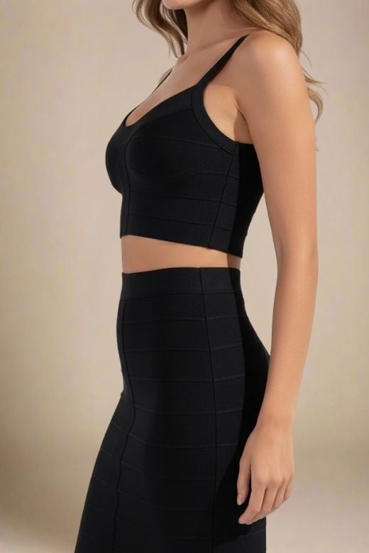 Woman wearing a figure flattering  India Bandage Top and Mini Skirt Outfit Set - Classic Black BODYCON COLLECTION