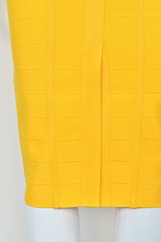 Woman wearing a figure flattering  Isabella Bandage Midi Dress - Mustard Yellow BODYCON COLLECTION Pty Ltd