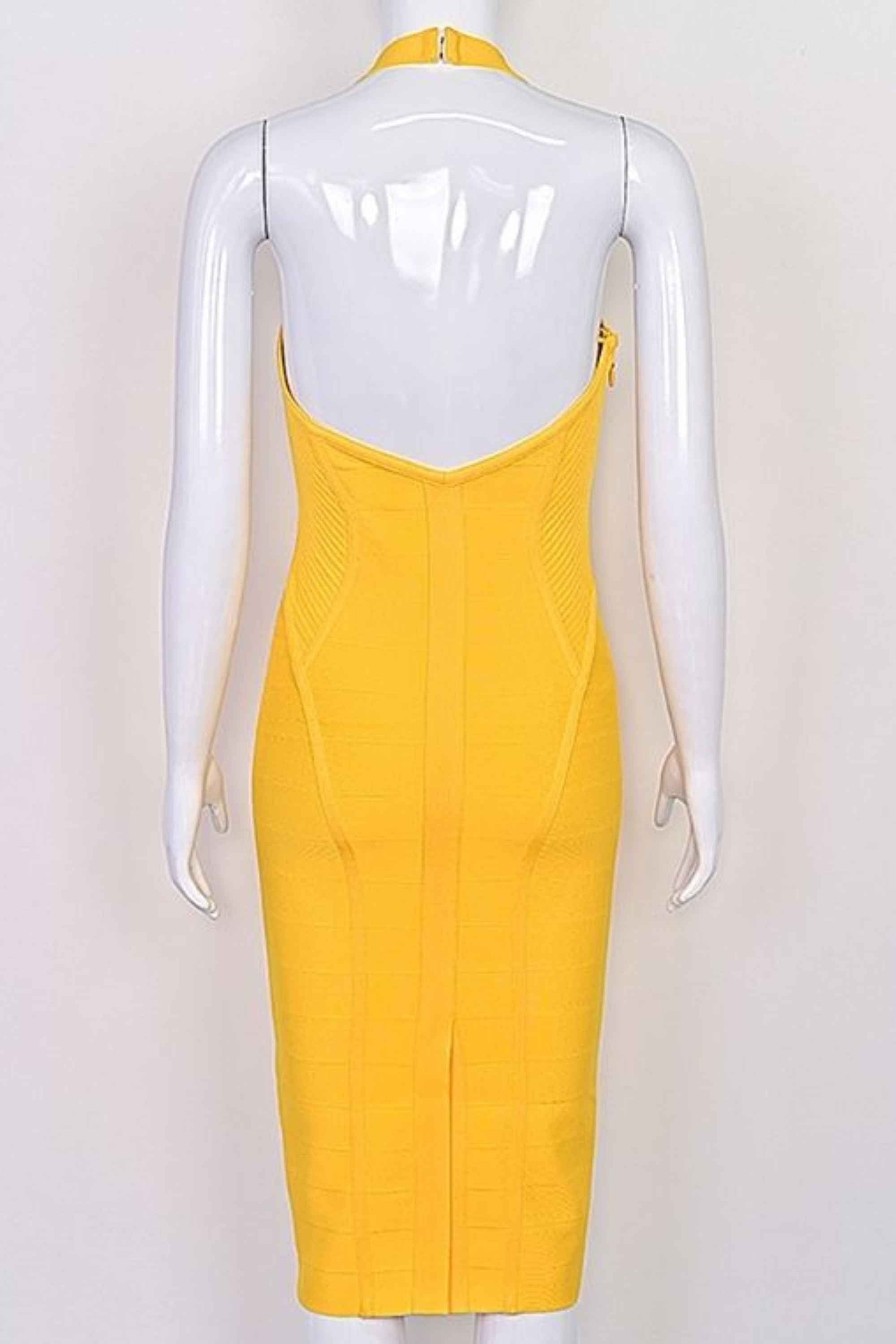 Woman wearing a figure flattering  Isabella Bandage Midi Dress - Mustard Yellow BODYCON COLLECTION Pty Ltd