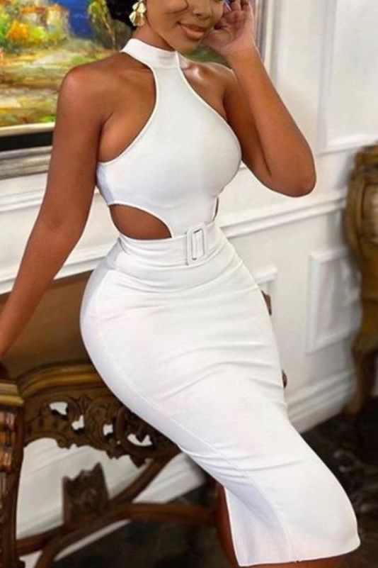 Woman wearing a figure flattering  Isabella Bandage Midi Dress - Pearl White BODYCON COLLECTION