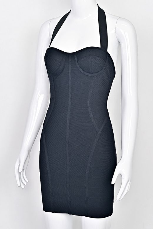 Woman wearing a figure flattering  Isabella Bandage Mini Dress - Classic Black BODYCON COLLECTION Pty Ltd