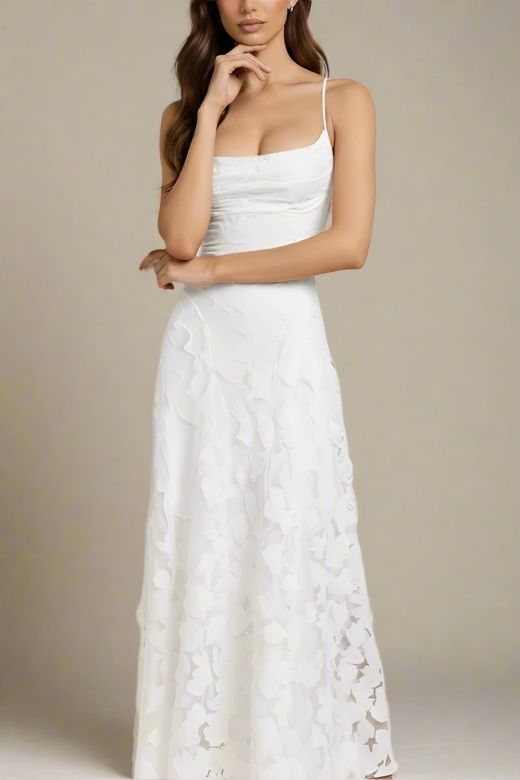 Woman wearing a figure flattering  Ivy Bodycon Maxi Dress - White Pearl BODYCON COLLECTION