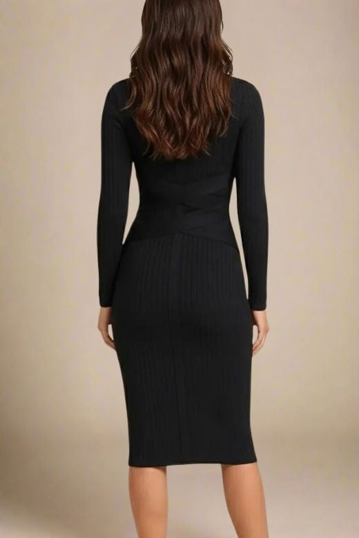 Woman wearing a figure flattering  Jane Long Sleeve Bodycon Midi Dress - Classic Black Bodycon Collection