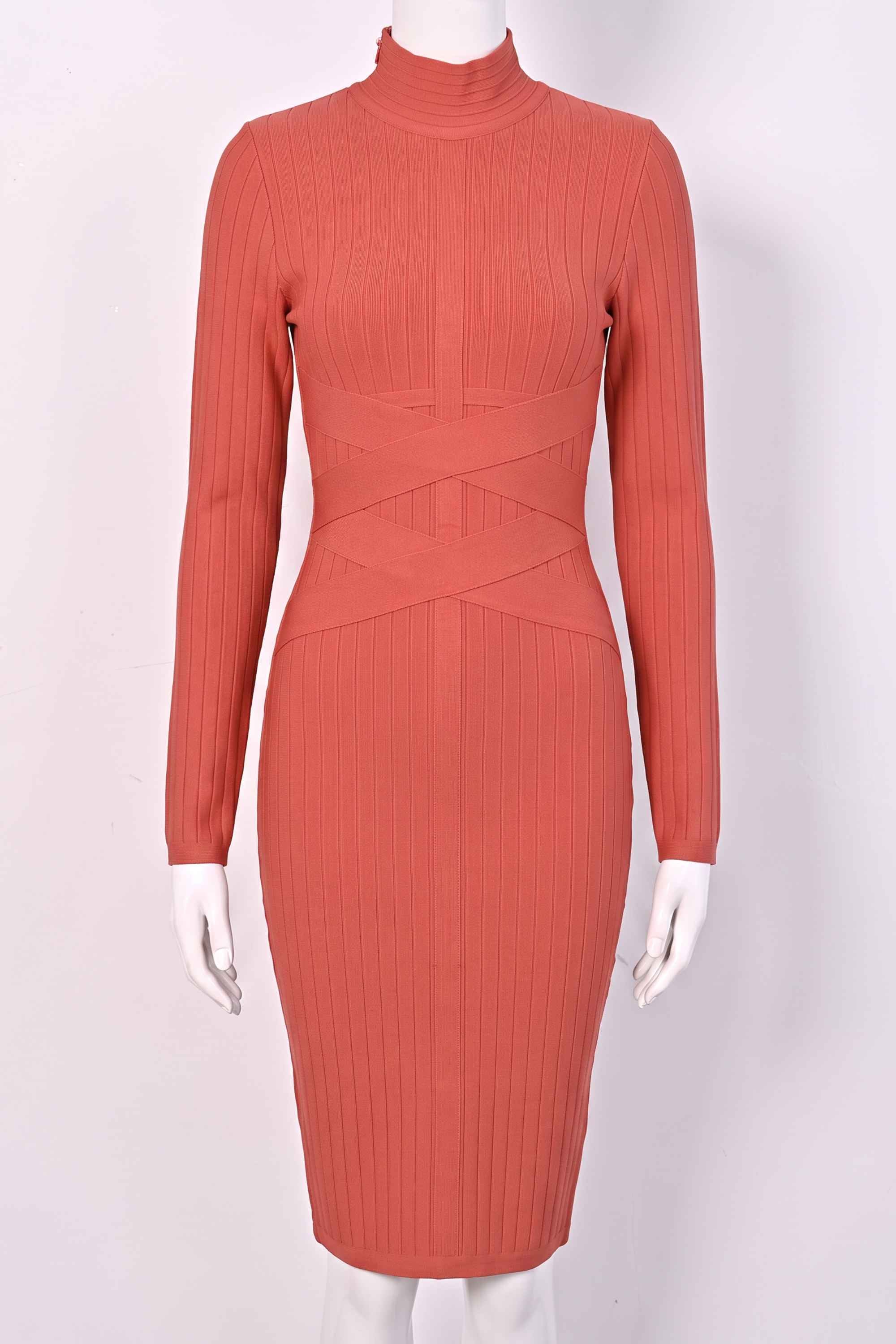 Woman wearing a figure flattering  Jane Long Sleeve Bodycon Midi Dress - Lipstick Red Bodycon Collection