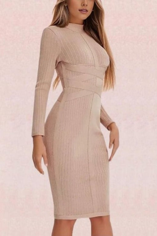 Woman wearing a figure flattering  Jane Long Sleeve Bodycon Midi Dress - Nude Bodycon Collection
