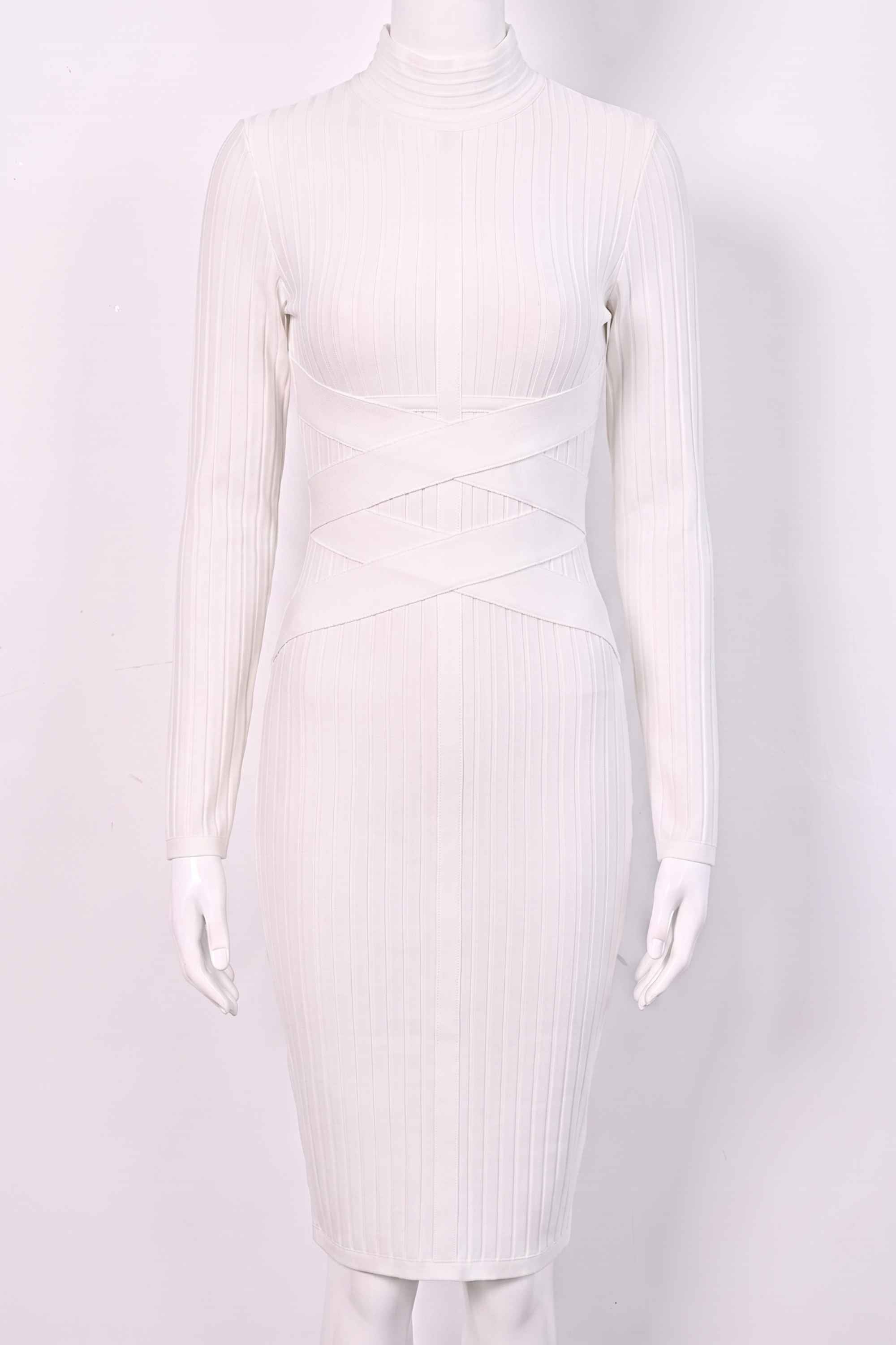 Woman wearing a figure flattering  Jane Long Sleeve Bodycon Midi Dress - Pearl White Bodycon Collection