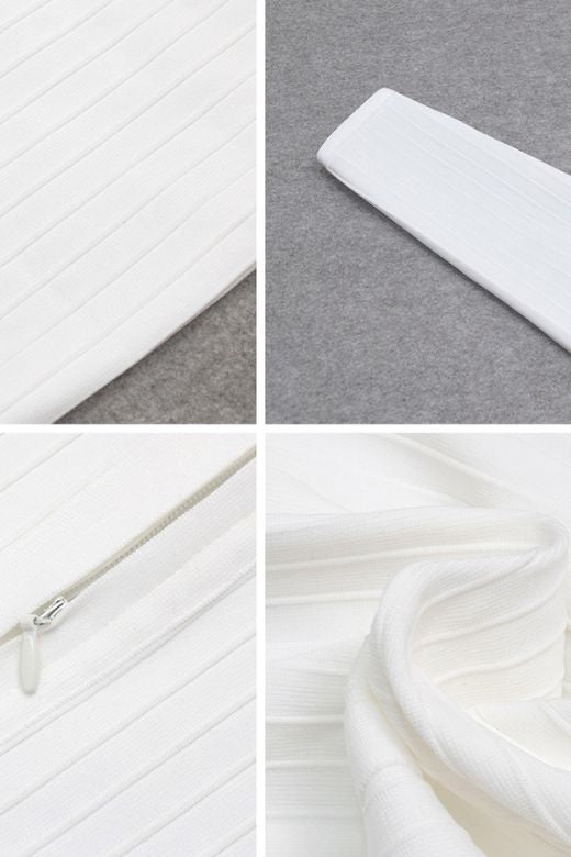 Woman wearing a figure flattering  Jane Long Sleeve Bodycon Midi Dress - White Pearl Bodycon Collection