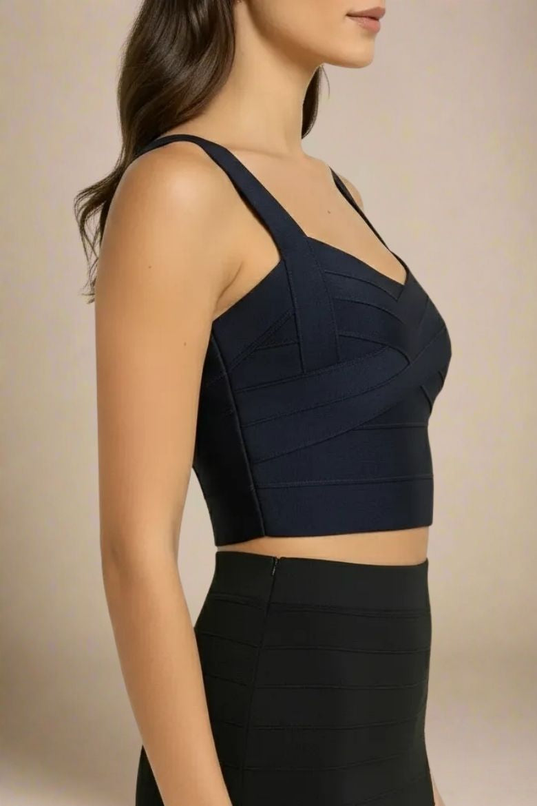 Woman wearing a figure flattering  Jay Bandage Crop Top - Classic Black BODYCON COLLECTION