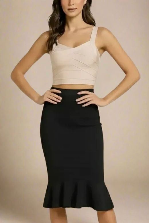 Woman wearing a figure flattering  Jay Bandage Crop Top - Cream BODYCON COLLECTION
