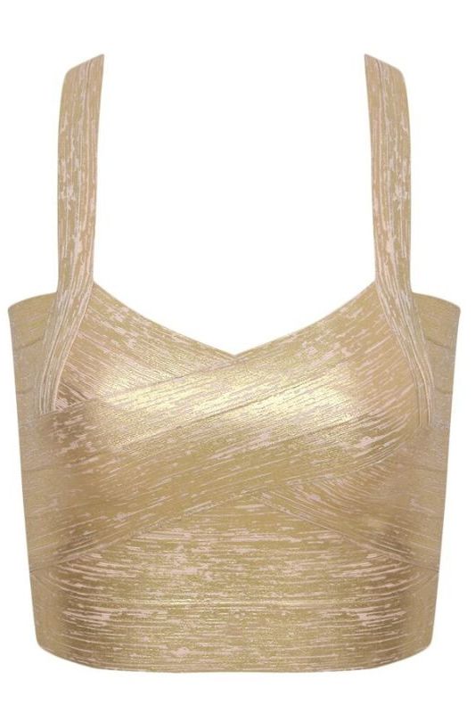 Woman wearing a figure flattering  Jay Bandage Crop Top - Gold BODYCON COLLECTION