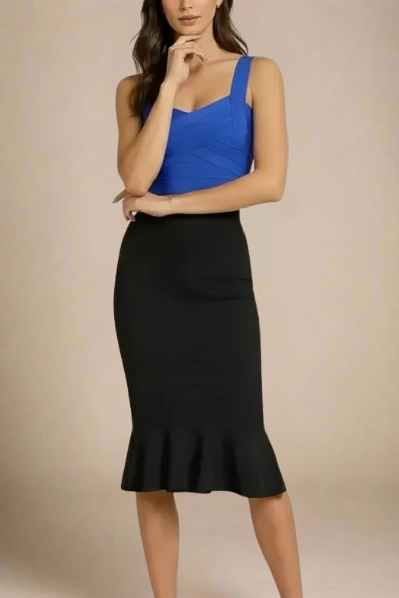 Woman wearing a figure flattering  Jay Bandage Crop Top - Royal Blue BODYCON COLLECTION