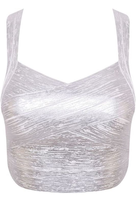 Woman wearing a figure flattering  Jay Bandage Crop Top - Silver BODYCON COLLECTION