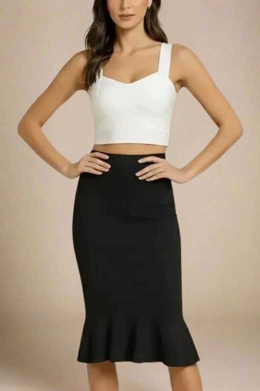 Woman wearing a figure flattering  Jay Bandage Crop Top - White Pearl BODYCON COLLECTION