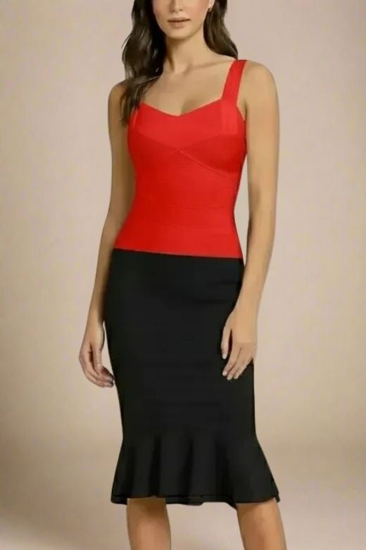 Woman wearing a figure flattering  Jay Bandage Top - Lipstick Red BODYCON COLLECTION