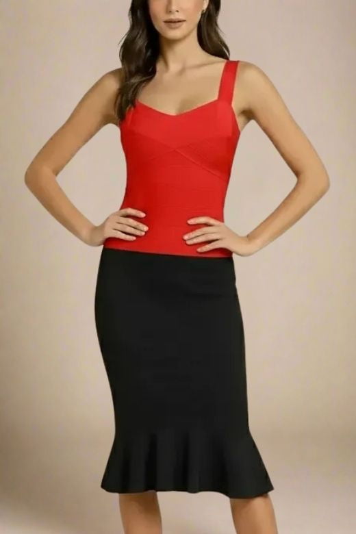 Woman wearing a figure flattering  Jay Bandage Top - Lipstick Red BODYCON COLLECTION