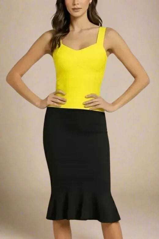 Woman wearing a figure flattering  Jay Bandage Top - Sun Yellow BODYCON COLLECTION