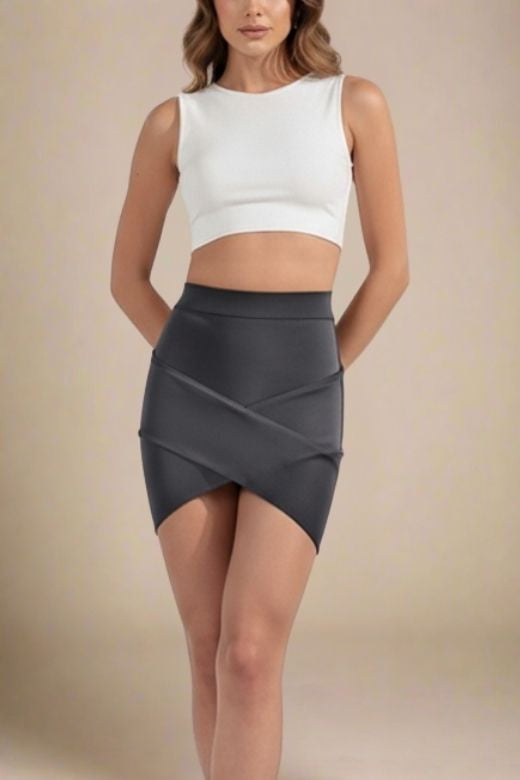 Woman wearing a figure flattering  Jay High Waist Bandage Mini Skirt - Classic Black BODYCON COLLECTION
