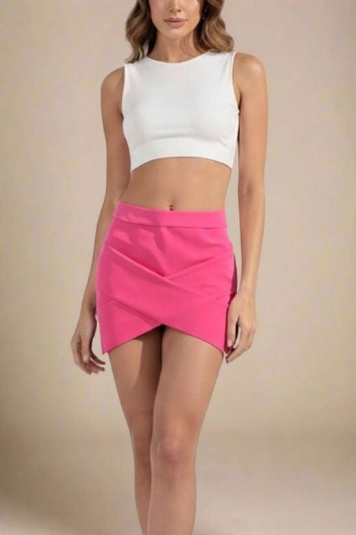 Woman wearing a figure flattering  Jay High Waist Bandage Mini Skirt - Hot Pink BODYCON COLLECTION