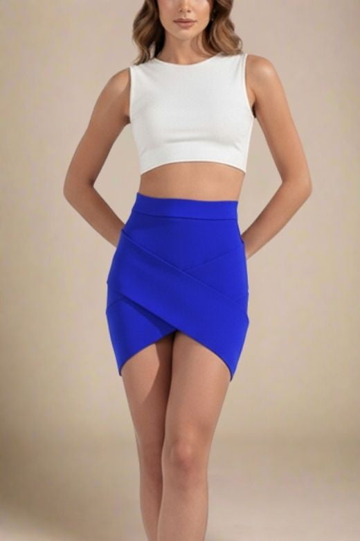 Woman wearing a figure flattering  Jay High Waist Bandage Mini Skirt - Royal Blue BODYCON COLLECTION