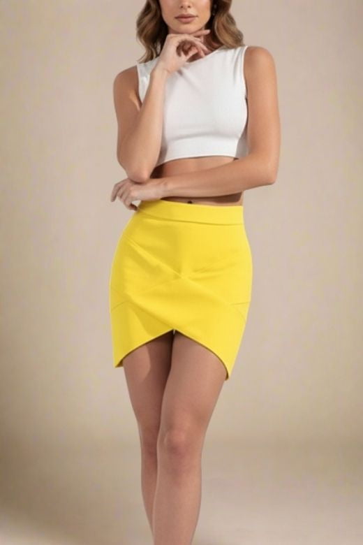 Woman wearing a figure flattering  Jay High Waist Bandage Mini Skirt - Sun Yellow BODYCON COLLECTION