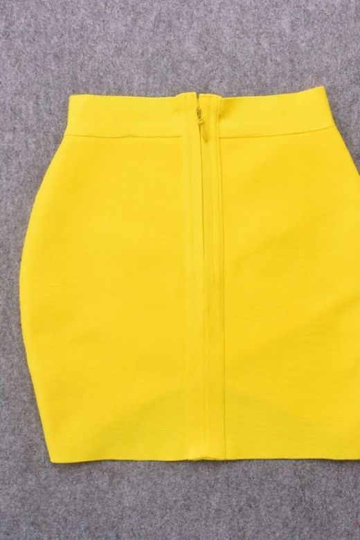 Woman wearing a figure flattering  Jay High Waist Bandage Mini Skirt - Sun Yellow BODYCON COLLECTION