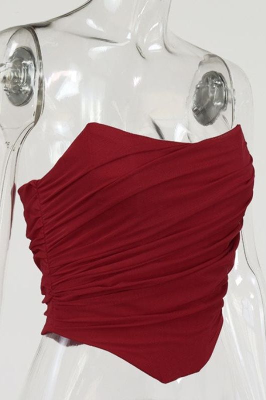 Woman wearing a figure flattering  Jen Mesh Bustier Top - Red Wine BODYCON COLLECTION