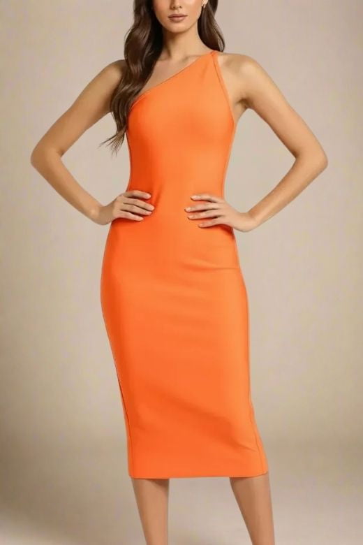 Woman wearing a figure flattering  Joi Bodycon Midi Dress - Apricot Orange Bodycon Collection