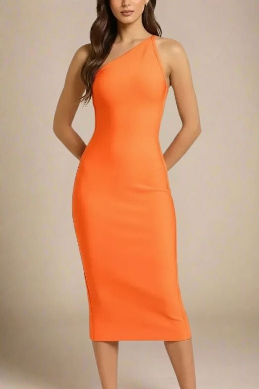 Woman wearing a figure flattering  Joi Bodycon Midi Dress - Apricot Orange Bodycon Collection