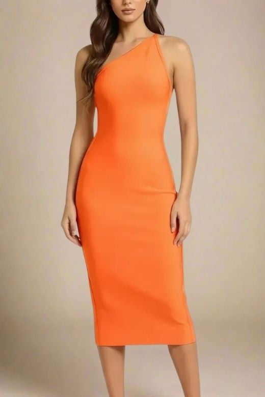 Woman wearing a figure flattering  Joi Bodycon Midi Dress - Apricot Orange Bodycon Collection