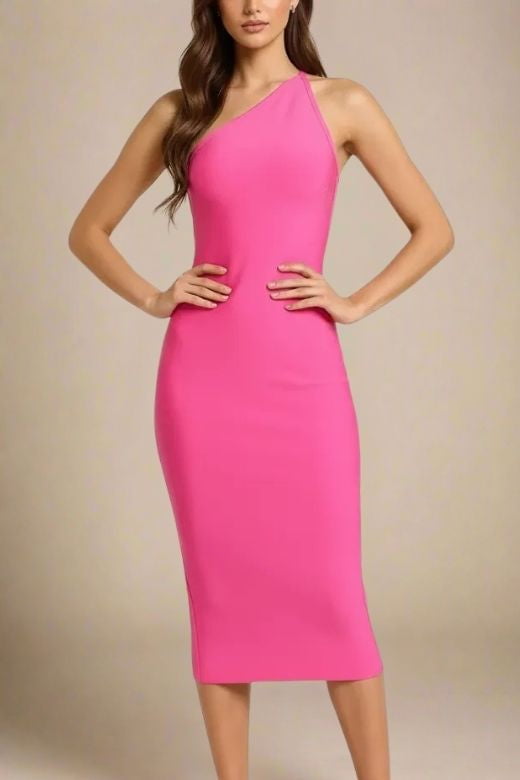 Woman wearing a figure flattering  Joi Bodycon Midi Dress - Hot Pink Bodycon Collection
