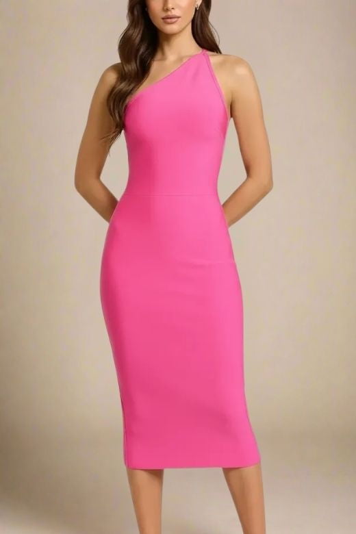 Woman wearing a figure flattering  Joi Bodycon Midi Dress - Hot Pink Bodycon Collection