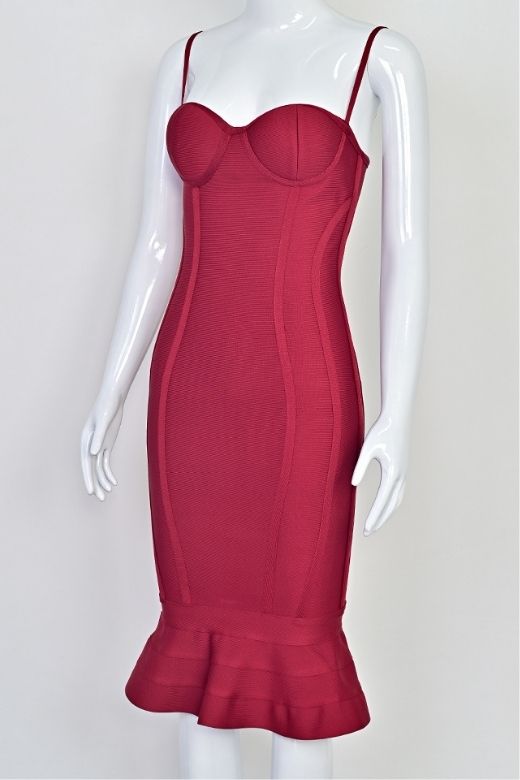 Woman wearing a figure flattering  Joy Bandage Midi Dress - Red Wine Bodycon Collection