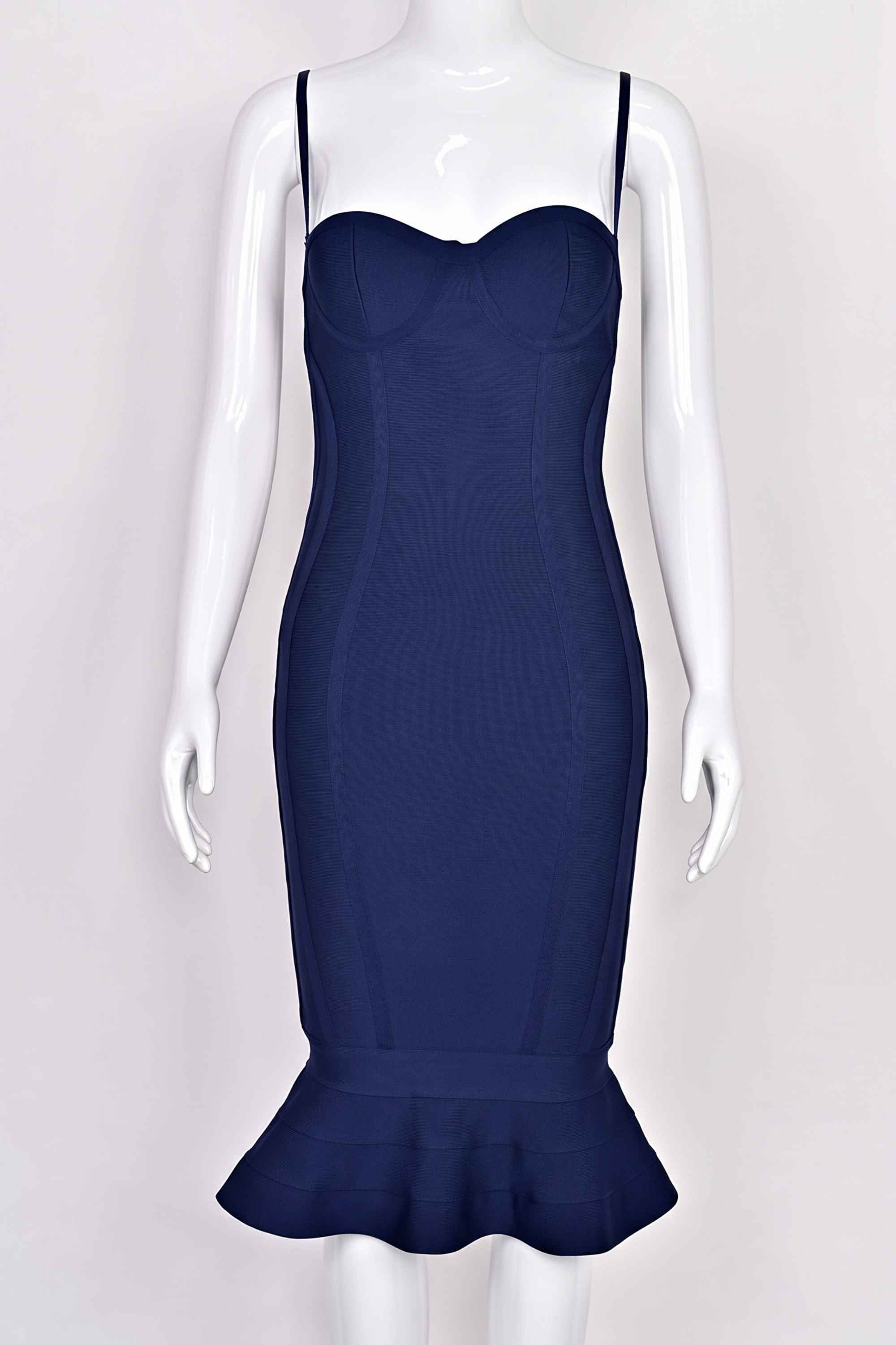 Woman wearing a figure flattering  Joy Bandage Midi Dress - Royal Blue Bodycon Collection